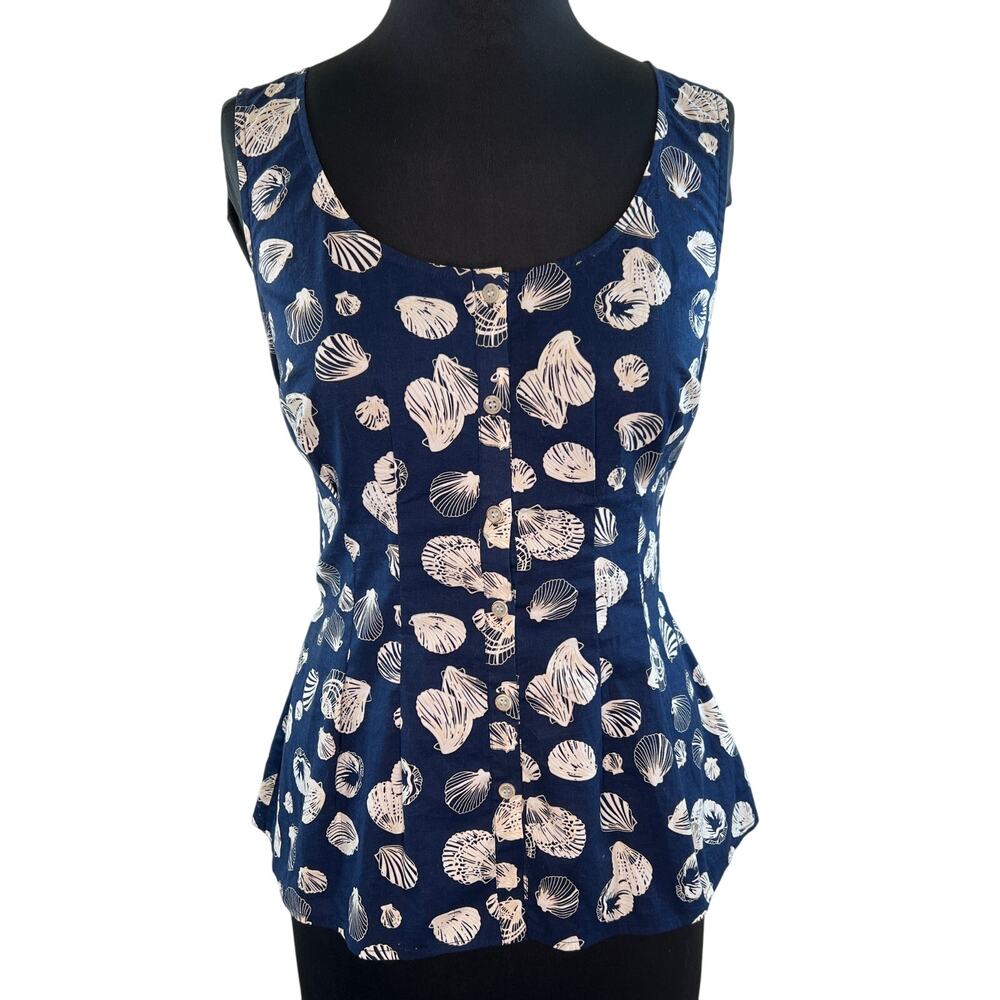 Anthropologie Edme & Esyllte Blue Seashell Button Up Tie Waist Sleeveless Top 4